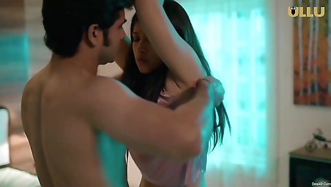 Tiny brunette with small tits is on the bed with her boyfriend