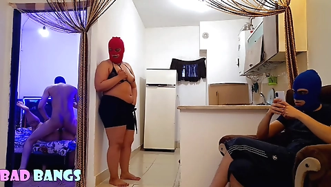 Stepsister in red lingerie watching us sex and sucking