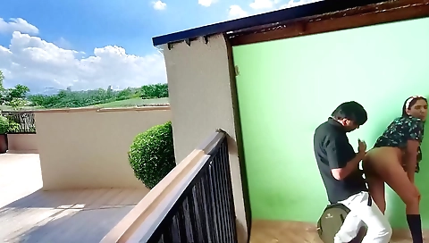 Indian brunette gets licked and fucked on the terrace