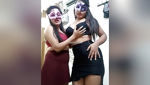 Brunette lesbian girl in a sexy black lingerie show off her bodies